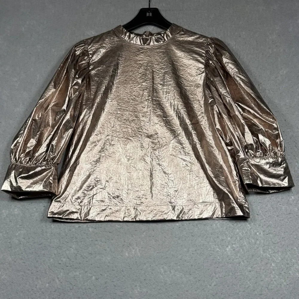 Farm Rio Puff Sleeve Blouse Women’s Size Medium Rose Gold Metallic Nylon